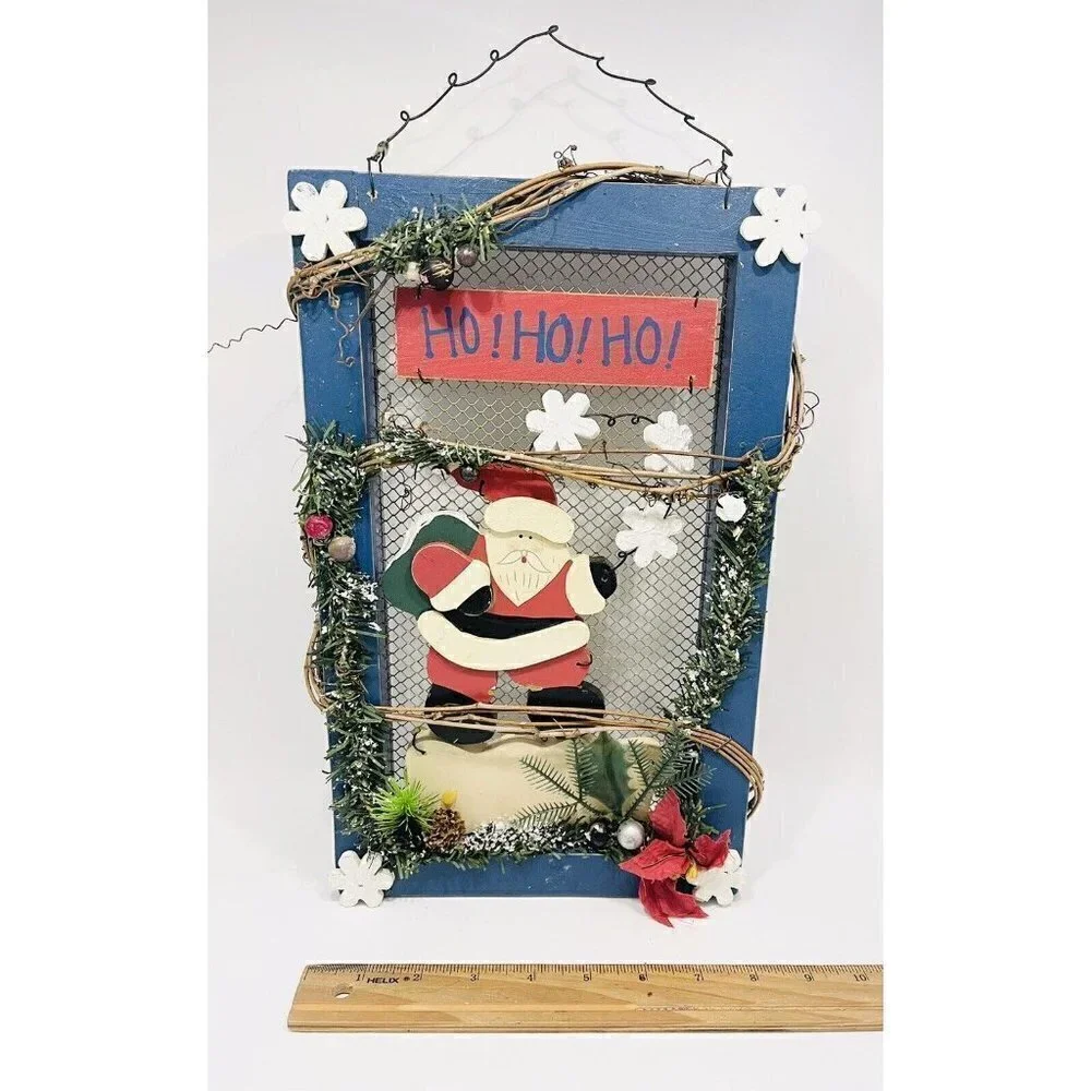 Christmas Santa Wall Hanging Wood Decor Sign HO HO HO Door Red White Blue